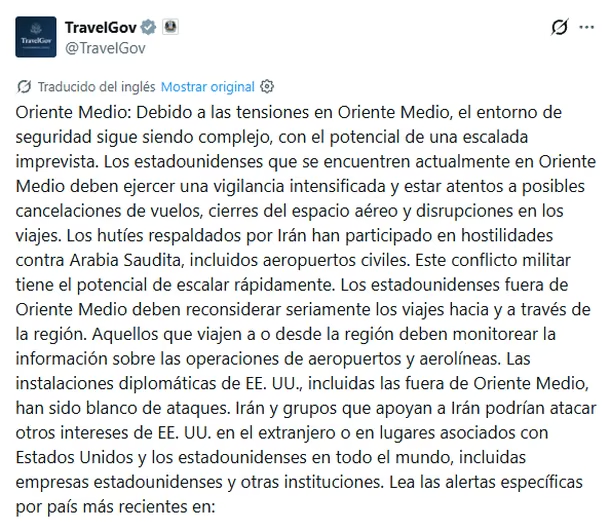 Alerta global de Estados Unidos: piden evitar viajes a Medio Oriente